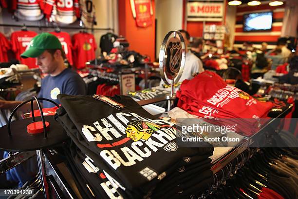 Merchandise is displayed for sale in the Blackhawks Store on Michigan Avenue in the Loop on June 12, 2013 in Chicago, Illinois. The Chicago...
