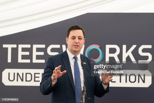 Tees Valley Mayor Ben Houchen speaks to stake holders during a ceremony to mark the ground-breaking of the Net Zero Teesside project on September 27,...