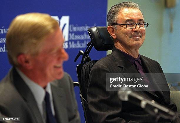 Former Massachusetts Governor Paul Cellucci, right, smiles as he glances at his former boss, former Massachusetts Governor William Weld as Weld...