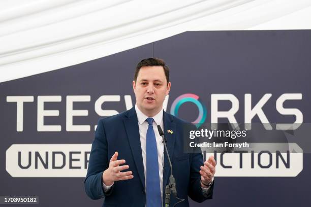 Tees Valley Mayor Ben Houchen speaks to stake holders during a ceremony to mark the ground-breaking of the Net Zero Teesside project on September 27,...
