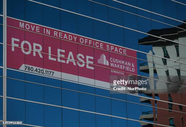 One of many offices with a sign 'For Lease' seen on September 29 in Edmonton, Alberta, Canada. Canada's downtowns, vital for economic growth and...