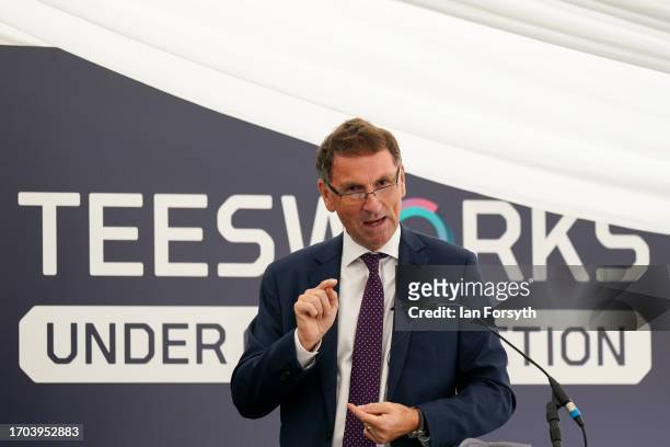 Andy Lane, Vice President of Hydrogen + CCS, UK speaks to stake holders during a ceremony to mark the ground-breaking of the Net Zero Teesside...