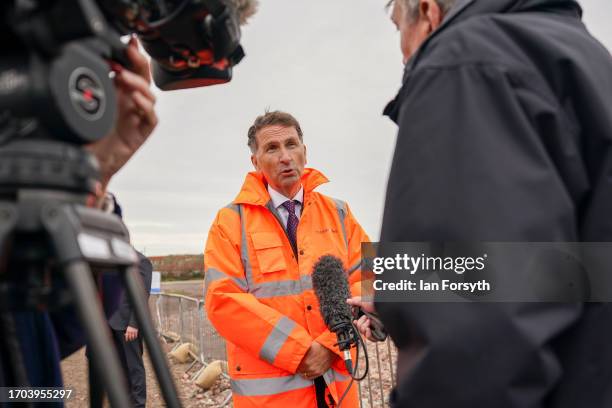 Andy Lane, Vice President of Hydrogen + CCS, UK speaks to media during a ceremony to mark the ground-breaking of the Net Zero Teesside project on...