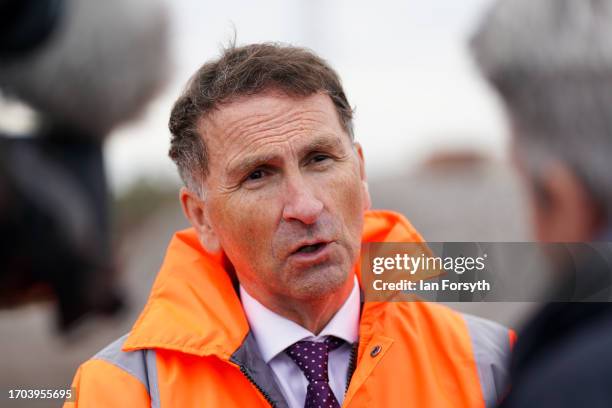 Andy Lane, Vice President of Hydrogen + CCS, UK speaks to media during a ceremony to mark the ground-breaking of the Net Zero Teesside project on...