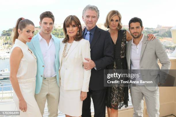 Julie Gonzalo, Josh Henderson, Linda Gray, Patrick Duffy, Brenda Strong and Jesse Metcalfe of the Dallas cast pose at the Hermitage Hotel on June 11,...