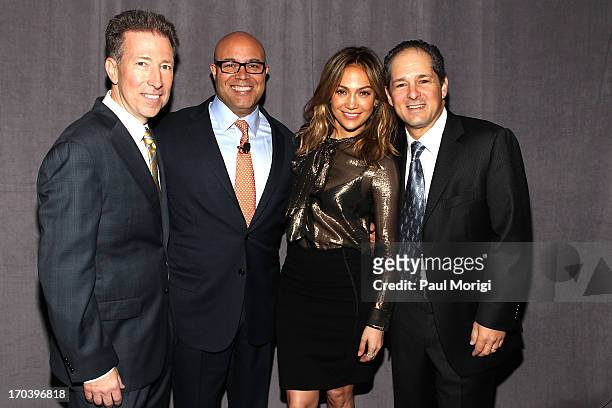 President of Cox Communications Pat Esser, President of NCTA Michael Powell, Jennifer Lopez and CEO of NUVOtv Michael Schwimmer visit NCTA on June...