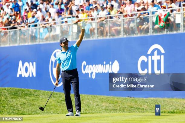 Formula 1 driver Carlos Sainz tees off on the first hole during the All-Star Match at the 2023 Ryder Cup at Marco Simone Golf Club on September 27,...