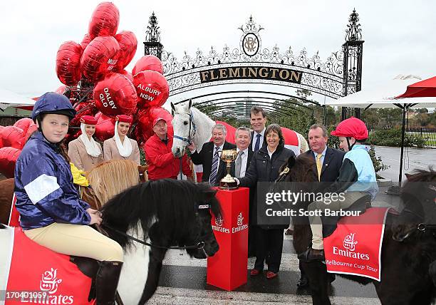 Melbourne Cup winning horse Subzero, held by Clerk of the Course, Graham Salisbury along with Roy Higgins, Tour Ambassador and champion jockey who...