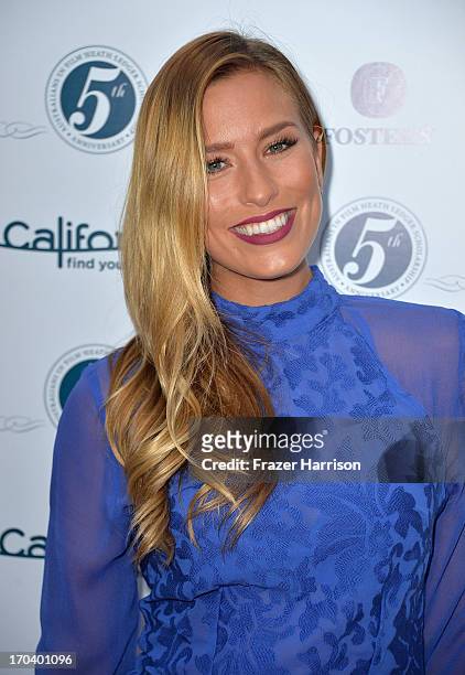 Australian television personality Renee Bargh attends the Australians In Film and Heath Ledger Scholarship Host 5th Anniversary Benefit Dinner on...
