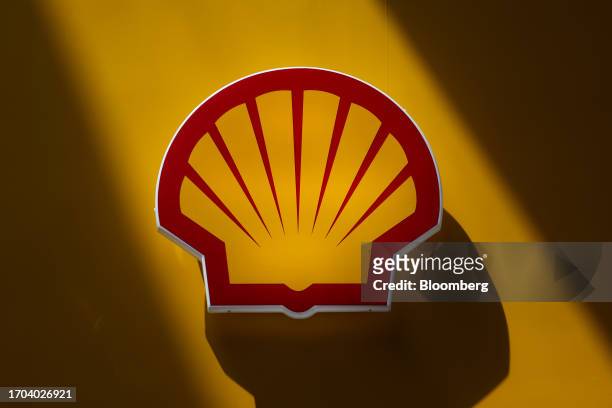 Logo at the Shell Plc booth on day two of the Abu Dhabi International Petroleum Exhibition and Conference in Abu Dhabi, United Arab Emirates, on...