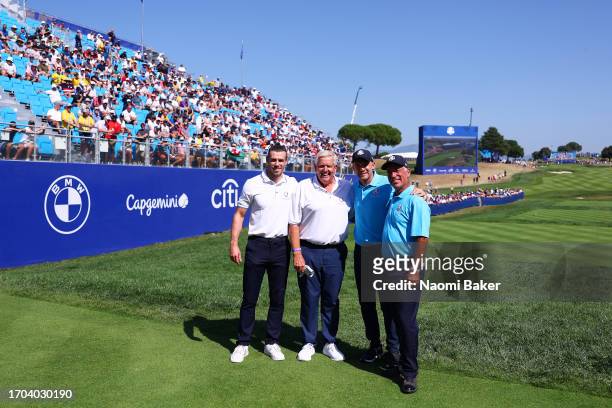 Gareth Bale, Colin Montgomerie, Andriy Shevchenko and Corey Pavin pose for a photograph during the All-Star Match at the 2023 Ryder Cup at Marco...