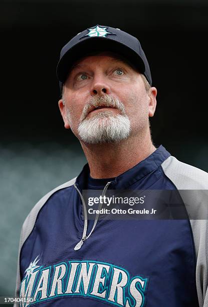 Manager Eric Wedge of the Seattle Mariners looks on prior to the game against the New York Yankees at Safeco Field on June 7, 2013 in Seattle,...