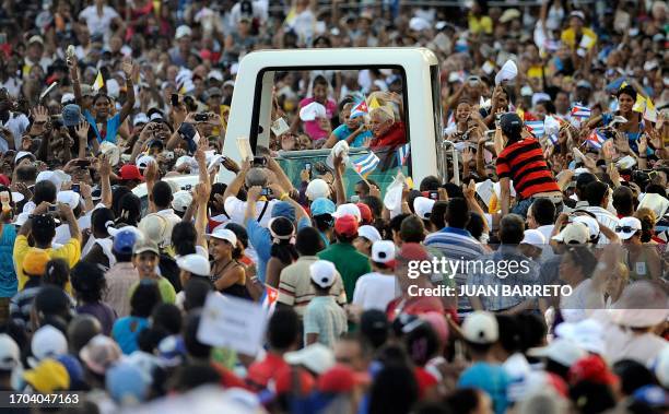 Pope Benedict XVI arrives at Revolution Square in Santiago de Cuba, 915 km southeast of Havana on March 26, 2012 where he is to celebrate a mass....