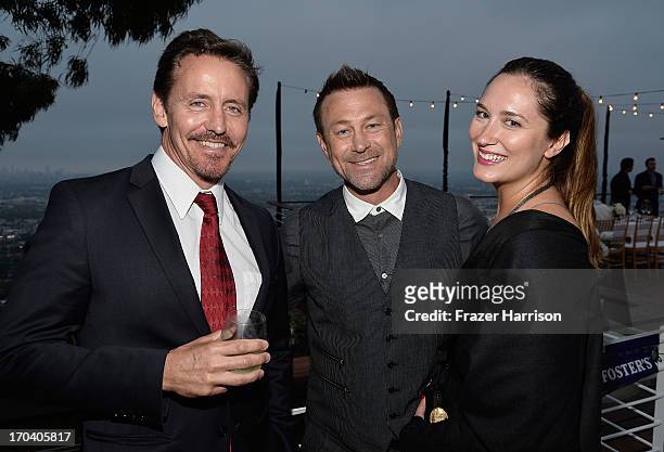 Actors Charles Mesure and Grant Bowler and Kate Buckwald attend the Australians In Film and Heath Ledger Scholarship Host 5th Anniversary Benefit...