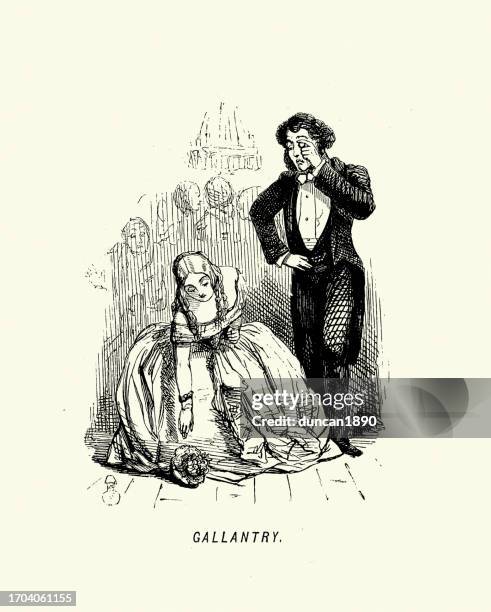 man not helping woman, gallantry, john leech, victorian humour, mid 19th century - social grace stock illustrations