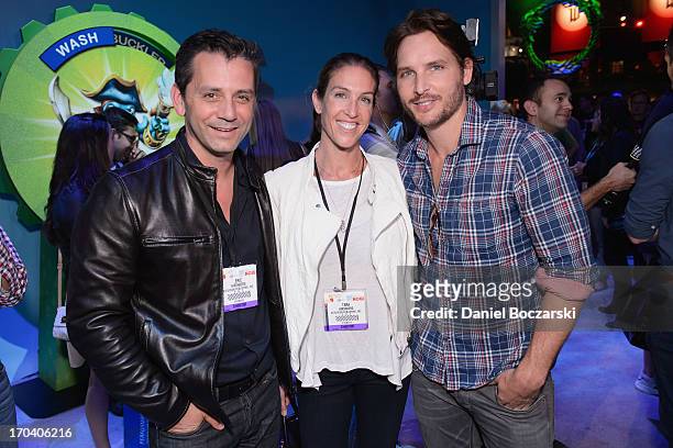 Activision Publishing CEO Eric Hirshberg, Tara Hirshberg and Peter Facinelli attend Skylanders SWAP Force E3 booth on June 12, 2013 in Los Angeles,...