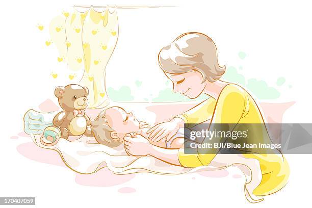 mother taking care of baby - baby lying on back stock illustrations