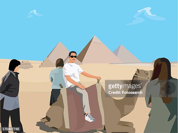 ilustraciones, imágenes clip art, dibujos animados e iconos de stock de tourists with camel in desert and giza pyramid in background, cairo egypt - happy smiling young woman side view