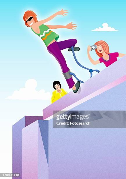 young woman about to jump with a bungee cord - bungee cord stock-grafiken, -clipart, -cartoons und -symbole
