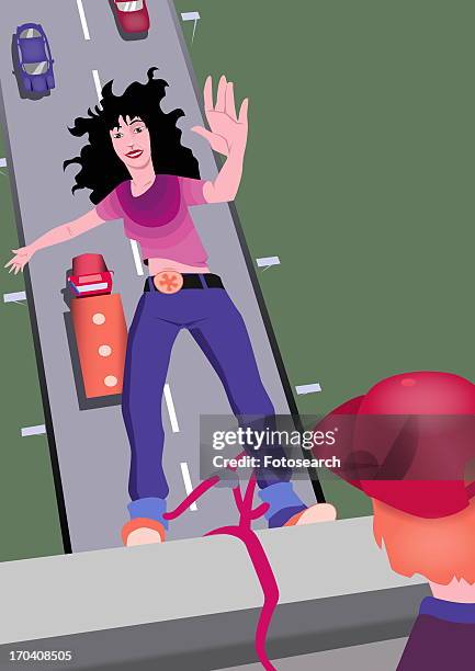 woman dropping from a bridge tied to a bungee cord - bungee cord stock-grafiken, -clipart, -cartoons und -symbole