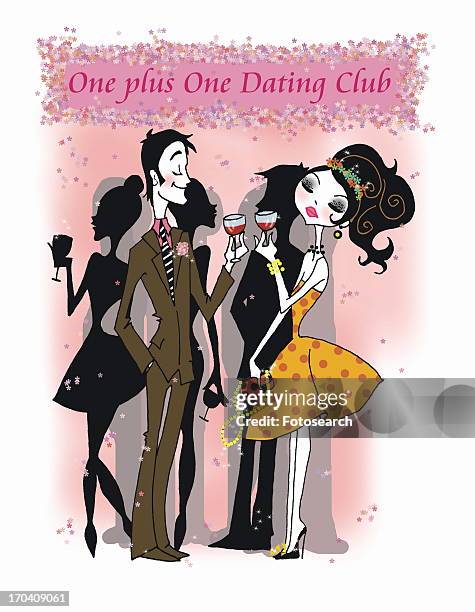 man and woman toasting at dating club - fond orange stock illustrations