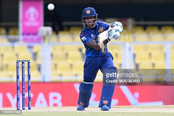 Sri Lanka's Pathum Nissanka plays a shot during a warm-up match between Afghanistan and Sri Lanka ahead of the ICC men's cricket World Cup, at the...