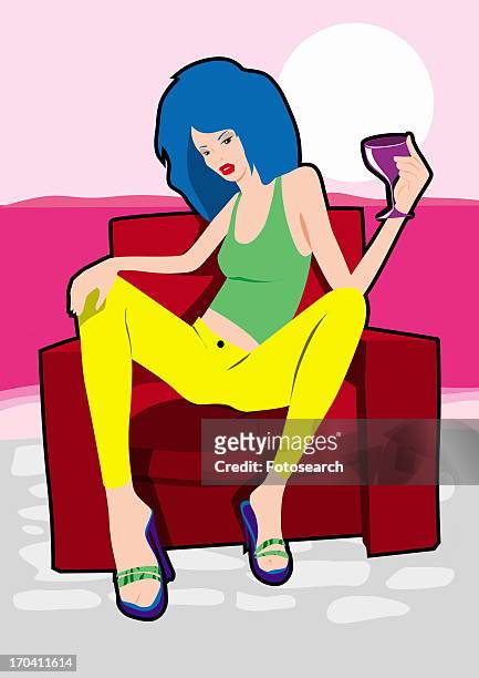 cool young woman posing on an armchair with a drink - big hair stock illustrations stock illustrations