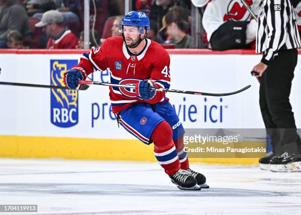 Xavier Simoneau of the Montreal Canadiens skates during the second period against the New Jersey Devils at the Bell Centre on September 25, 2023 in...