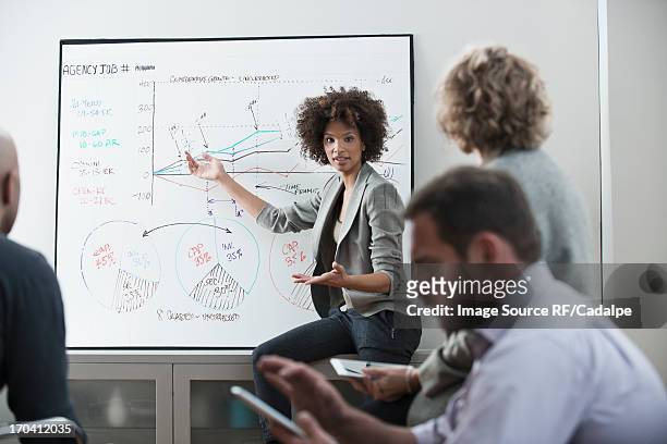 businesswoman talking in meeting - präsentieren whiteboard stock-fotos und bilder