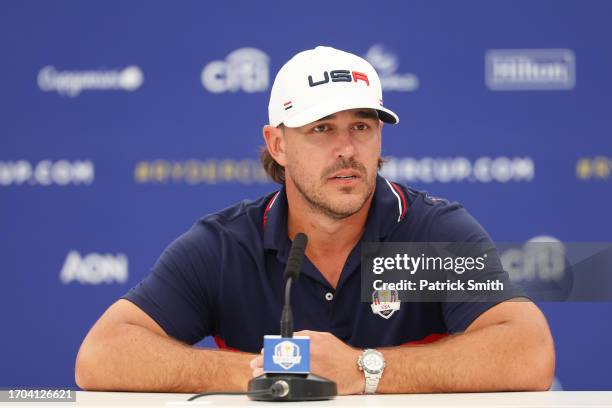 Brooks Koepka of Team United States speaks in a press conference following a practice round prior to the 2023 Ryder Cup at Marco Simone Golf Club on...