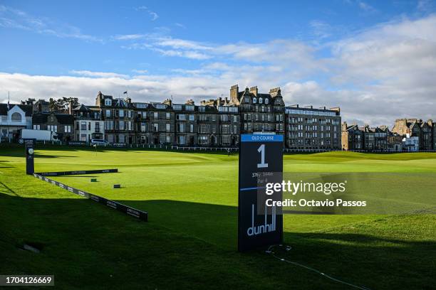 General view of the 1st tee box prior to the Alfred Dunhill Links Championship at the St Andrews Old Course on October 3, 2023 in St Andrews,...