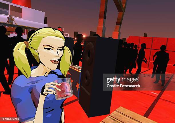 blonde woman with pigtails drinking in a nightclub - building terrace stock illustrations