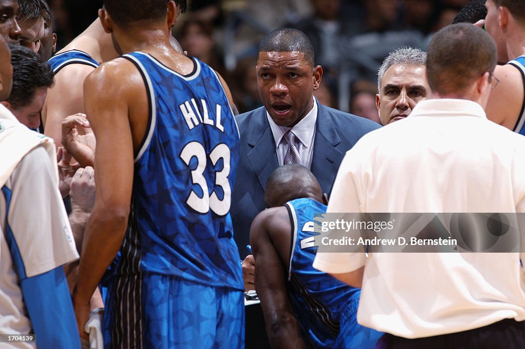 Head coach Doc Rivers of the Orlando Magic sets up a play during a ...