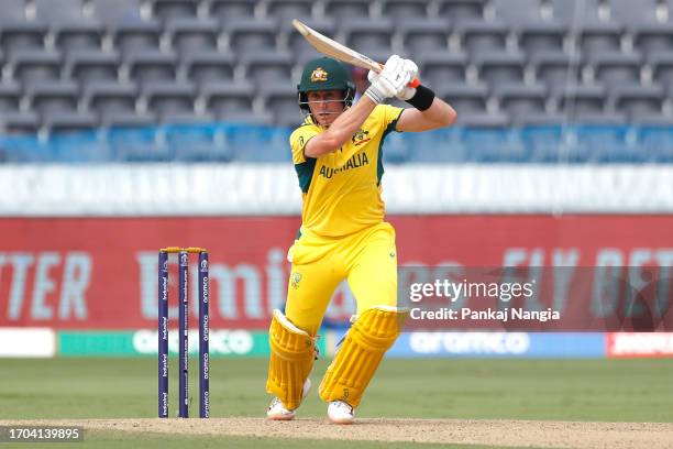 Marnus Labuschagne of Australia plays a shot during the ICC Men's Cricket World Cup India 2023 warm up match between Pakistan and Australia at Rajiv...