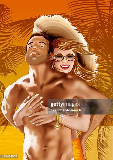 woman hugging native man in the tropics - fond orange stock illustrations