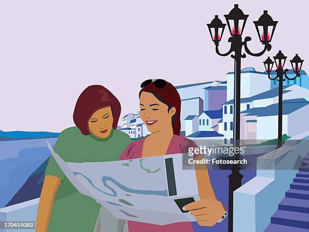 women reading map and resort in the background - couple travel tablet stock illustrations