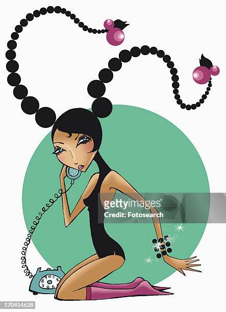 woman with long braids on the phone - big hair stock illustrations stock illustrations