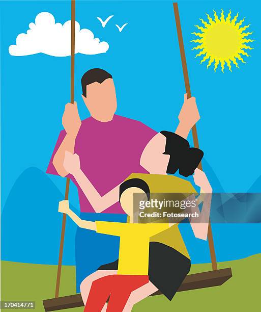 parents with child on a swing - kind auf schaukel mit mama stock-grafiken, -clipart, -cartoons und -symbole