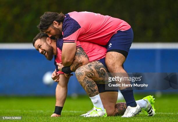 Tours , France - 3 October 2023; Andrew Porter and Tom O'Toole during an Ireland Rugby squad training session at Complexe de la Chambrerie in Tours,...