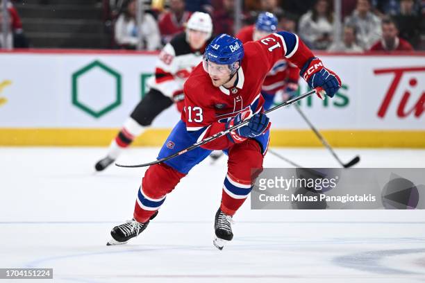 Mitchell Stephens of the Montreal Canadiens skates during the third period against the New Jersey Devils at the Bell Centre on September 25, 2023 in...