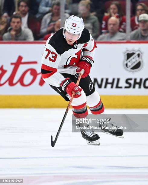 Tyler Toffoli of the New Jersey Devils skates during the third period against the Montreal Canadiens at the Bell Centre on September 25, 2023 in...