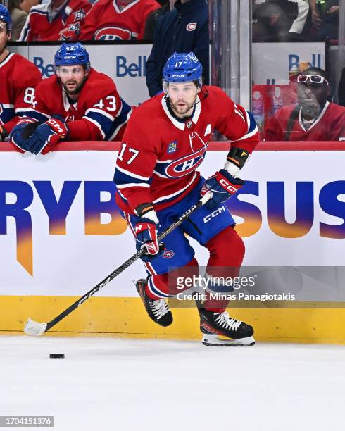 Josh Anderson of the Montreal Canadiens skates during the second period against the New Jersey Devils at the Bell Centre on September 25, 2023 in...