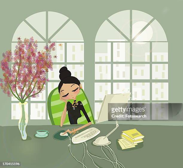 illustrazioni stock, clip art, cartoni animati e icone di tendenza di young woman falling asleep at desk in office - bored