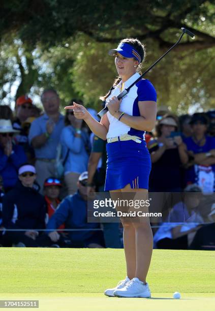Linn Grant of The European Team reacts to a missed putt on the ninth hole in her match with Carlota Ciganda against Danielle Kang and Lilia Vu during...