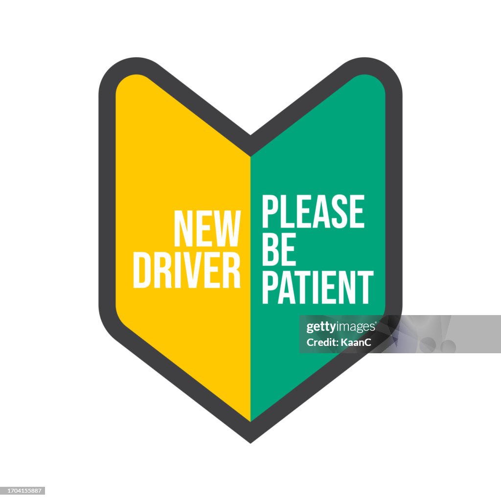 Please be patient new driver safety stickers. Car signs stickers for the new driver. Vehicle signs for the beginner learning driver. New Driver Sign, beginner mark. Vector stock illustration