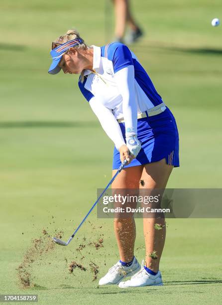 Emily Kristine Pedersen of The European Team plays her second shot in her match with Madelene Sagstrom on the ninth hole in their match against Rose...