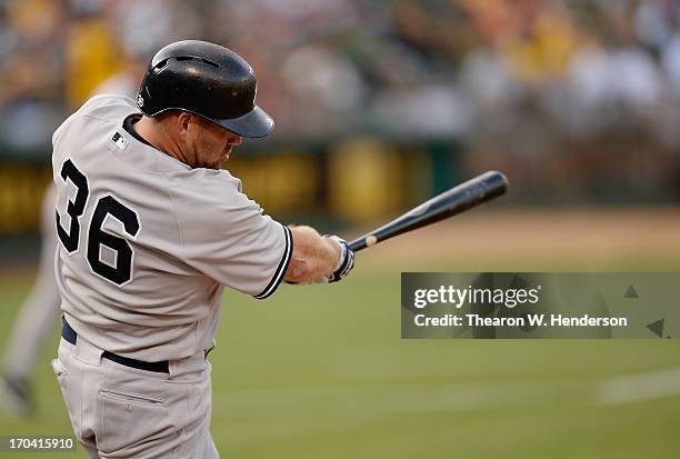 Kevin Youklis of the New York Yankees bats against the Oakland Athletics at O.co Coliseum on June 11, 2013 in Oakland, California.