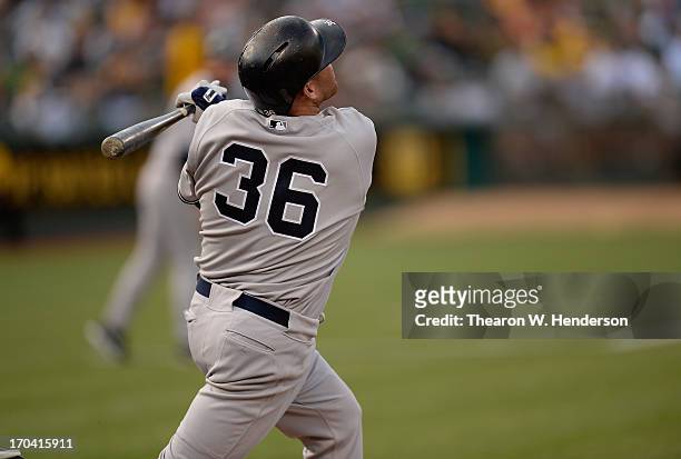 Kevin Youklis of the New York Yankees bats against the Oakland Athletics at O.co Coliseum on June 11, 2013 in Oakland, California.