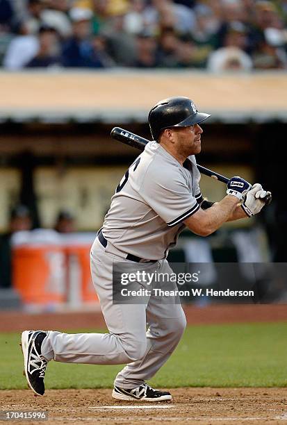 Kevin Youklis of the New York Yankees bats against the Oakland Athletics at O.co Coliseum on June 11, 2013 in Oakland, California.