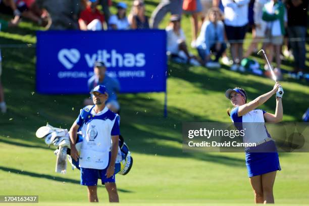 Linn Grant of The European Team plays her second shot on the ninth hole in her match with Carlota Ciganda against Danielle Kang and Lilia Vu during...